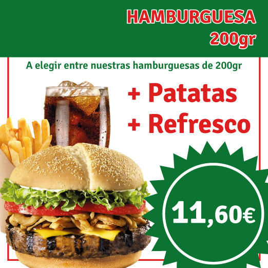 MENU HAMBURGUESA 200 GR +PATATAS+REFRESCO